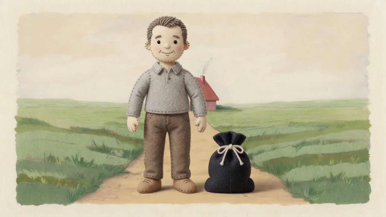 The master stands beside a bag of wool.
