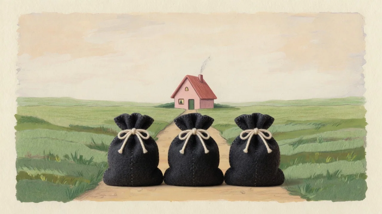 Three bags of wool stand in the village.