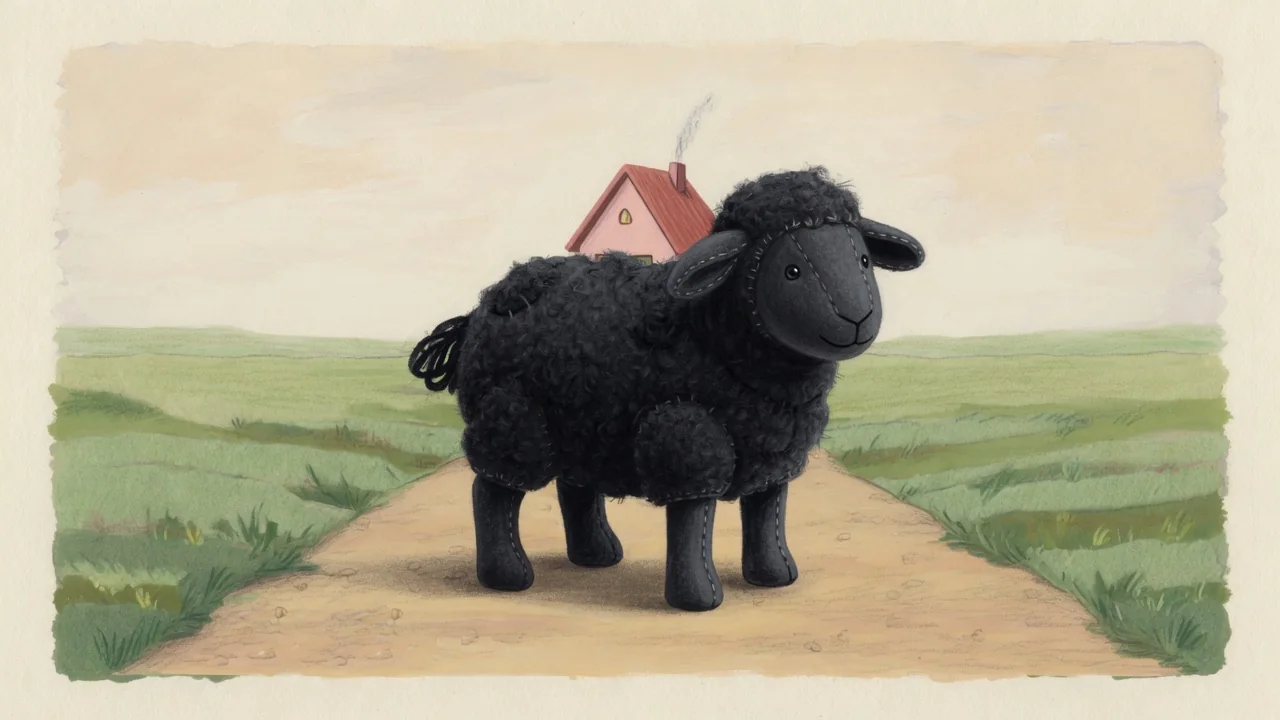 The black sheep stands in the lane.