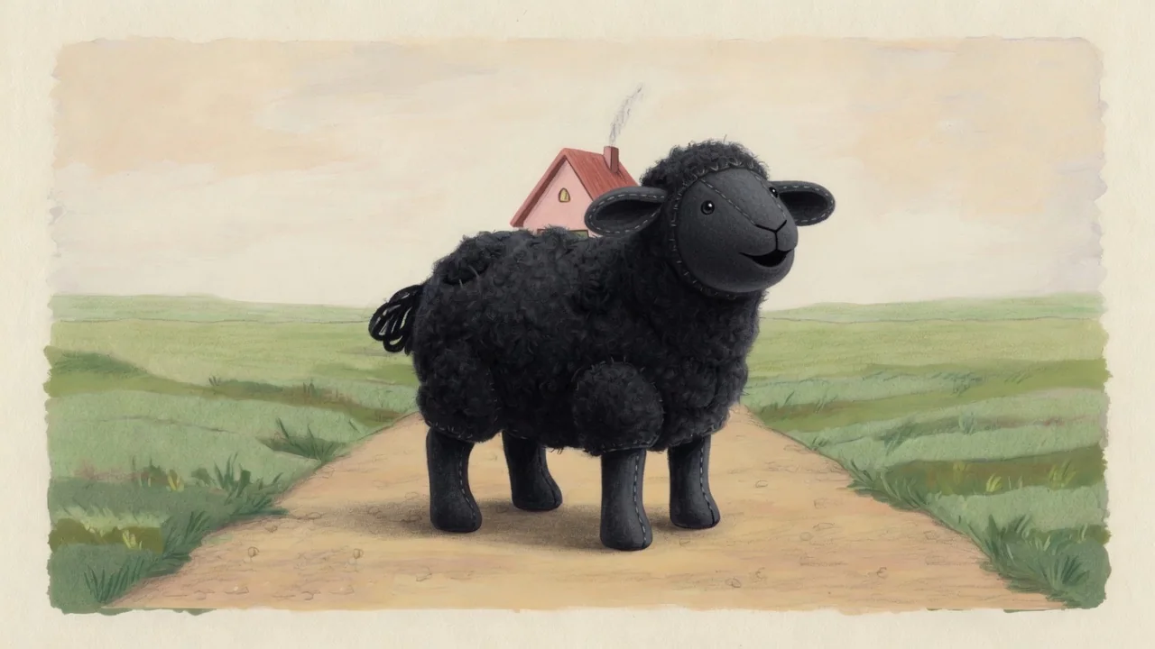 The black sheep faces the reader.