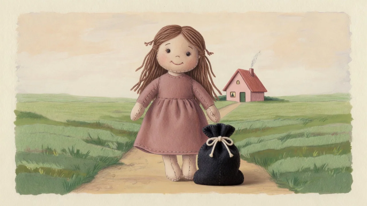 The dame stands beside a bag of wool.