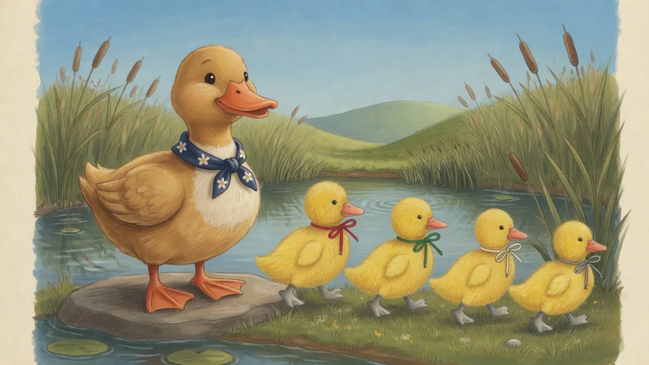 4 little ducks beside Mother Duck.