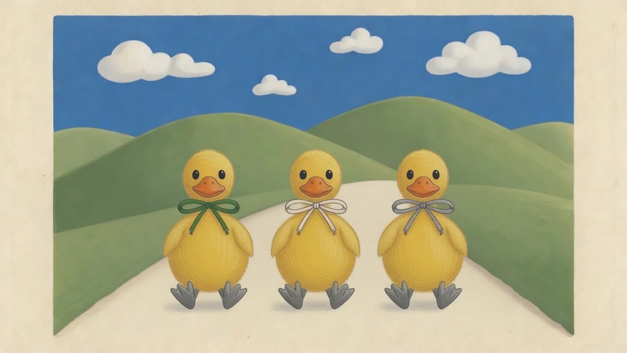 3 ducklings return along the path.