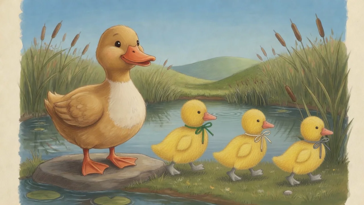 3 little ducks beside Mother Duck.