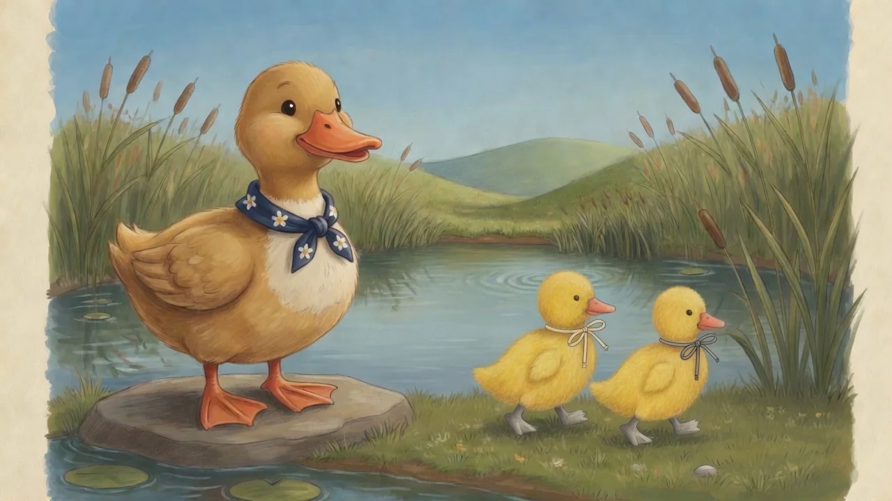 2 little ducks beside Mother Duck.