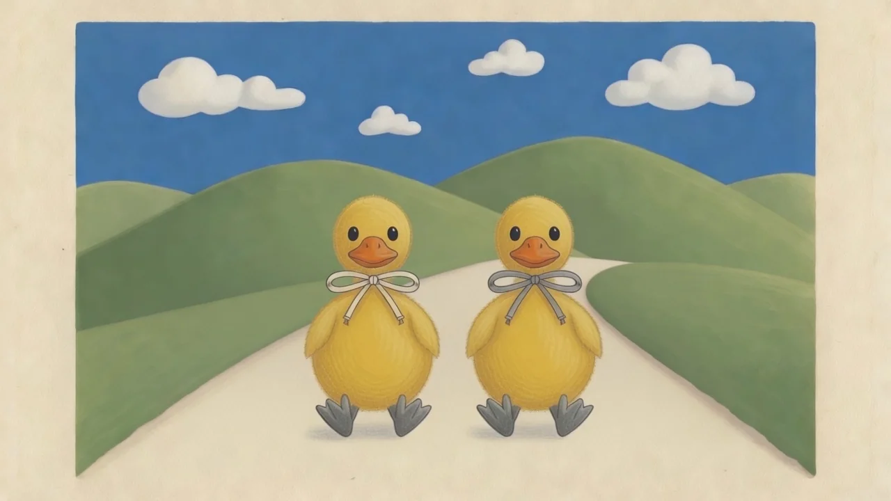 2 ducklings return along the path.