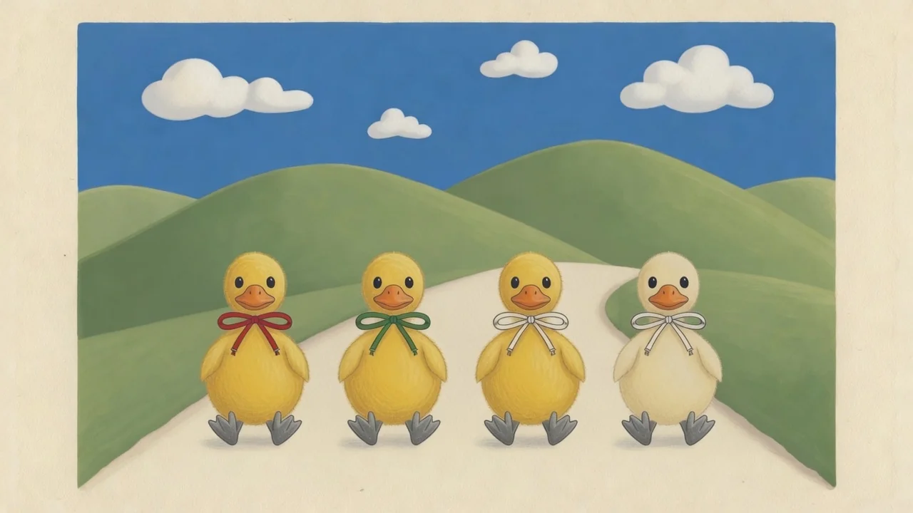 4 ducklings return along the path.