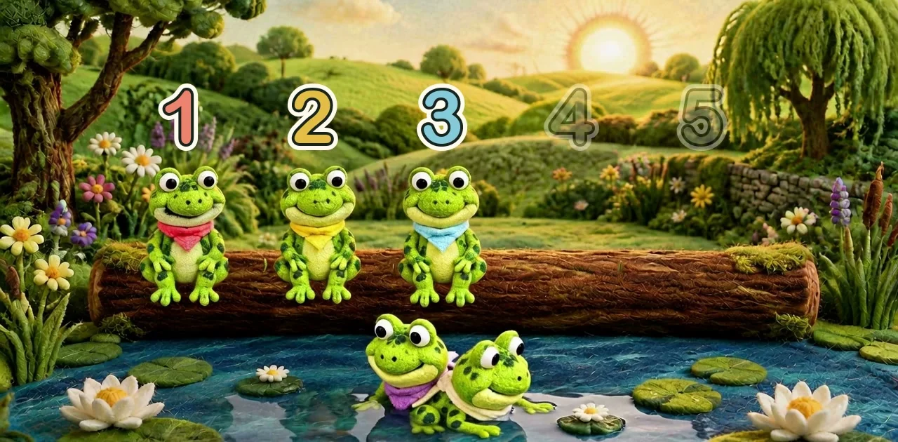 3 speckled frogs sitting on the log beside the pond.