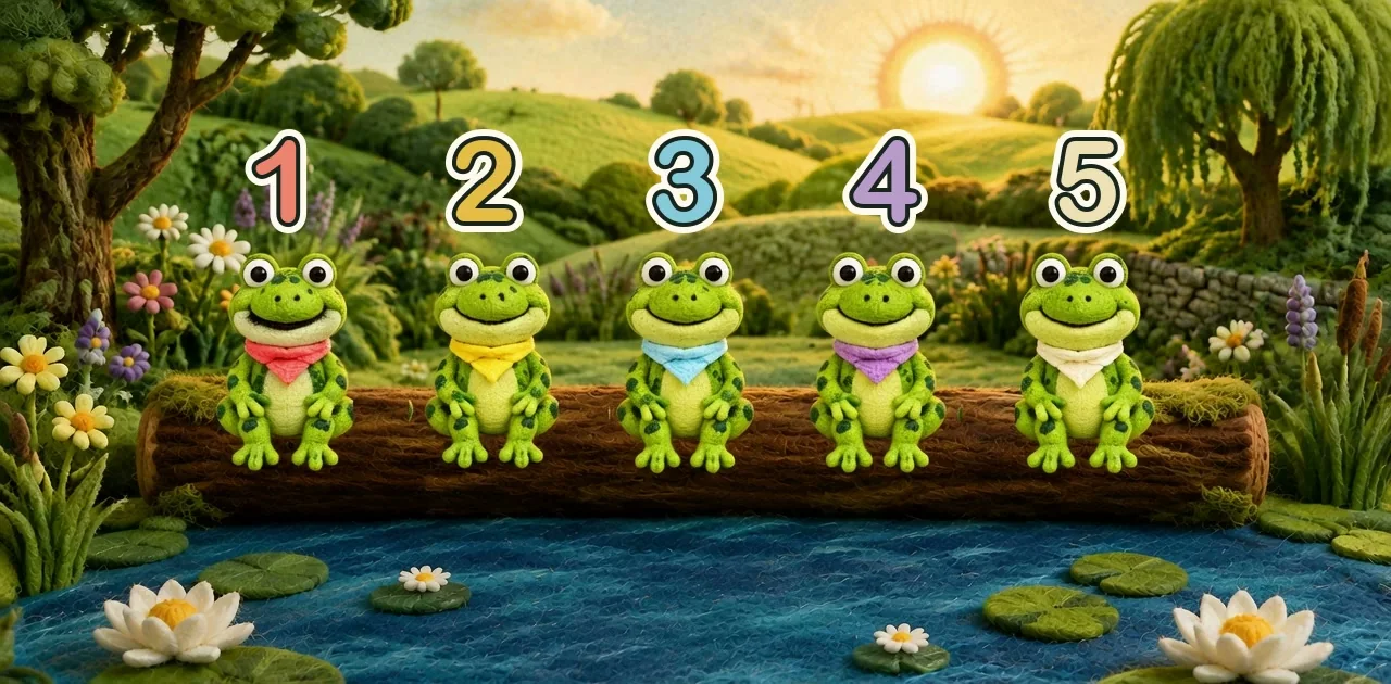 5 speckled frogs sitting on the log beside the pond.
