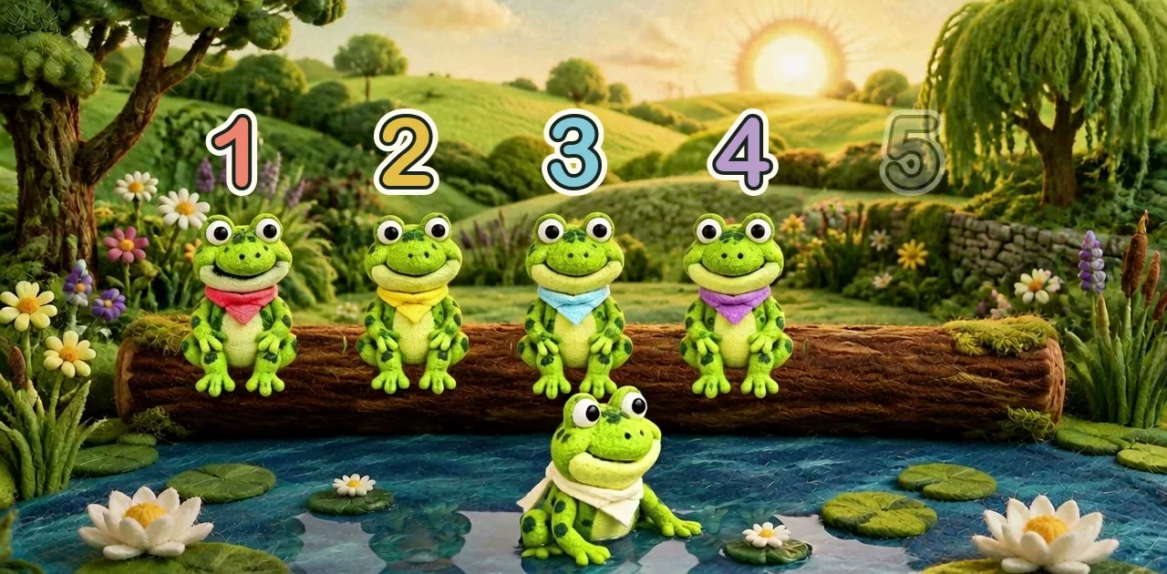 4 speckled frogs sitting on the log beside the pond.