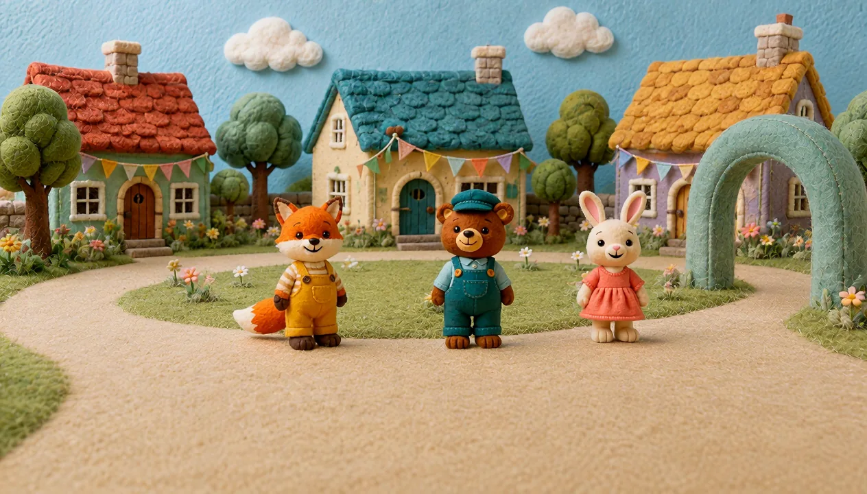 Bunny, Bear and Fox follow the village path together.