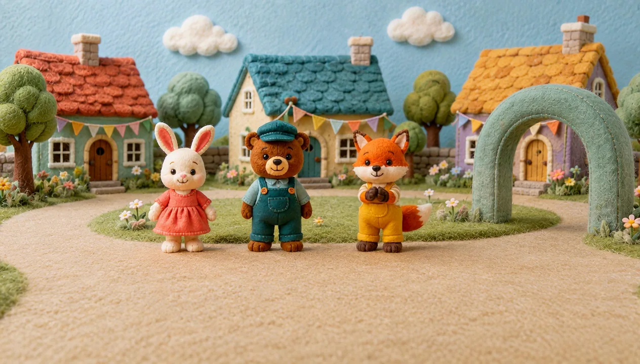 Bunny, Bear and Fox stand together beside the village arch.