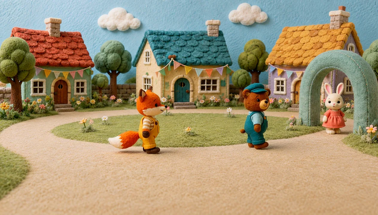 Bunny, Bear and Fox follow the circular village path.