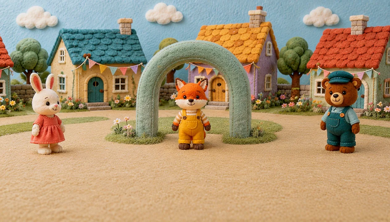The friends stand around the open green arch.