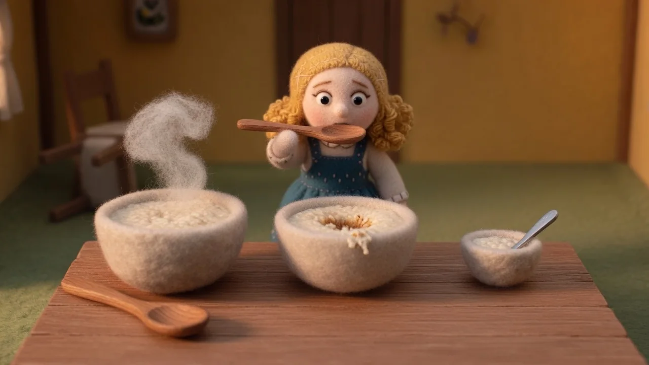 Goldilocks holds a spoon beside the middle-sized bowl of porridge.