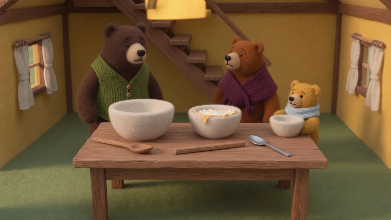 The bears stand around their three porridge bowls.