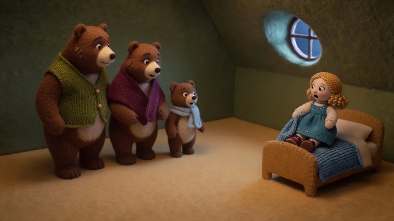 Goldilocks sits awake in bed facing the three bears.