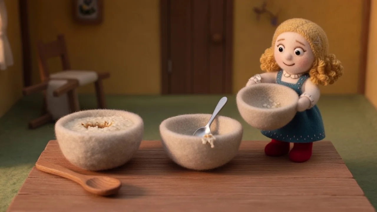 Goldilocks holds the small empty porridge bowl.