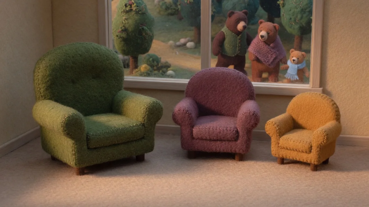 Three different-sized chairs stand inside the cottage, with the bear family visible through the window.