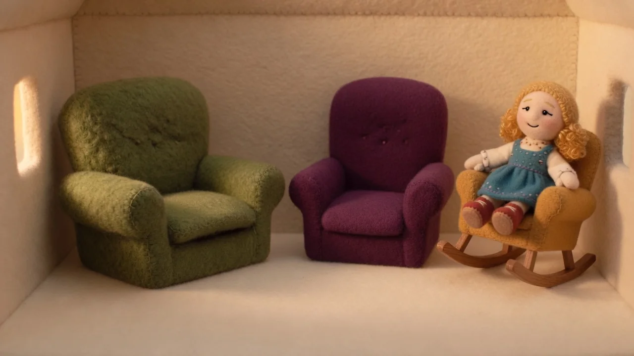 Goldilocks smiles in the small orange rocking chair.