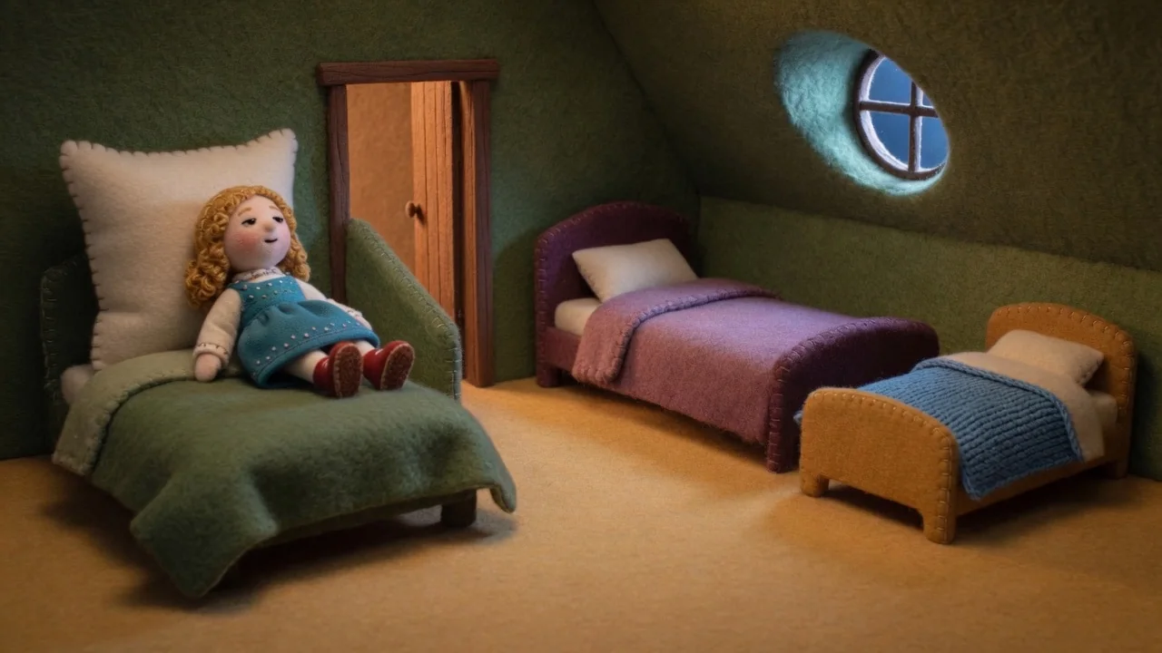 Goldilocks lies on the large green bed against a high pillow.