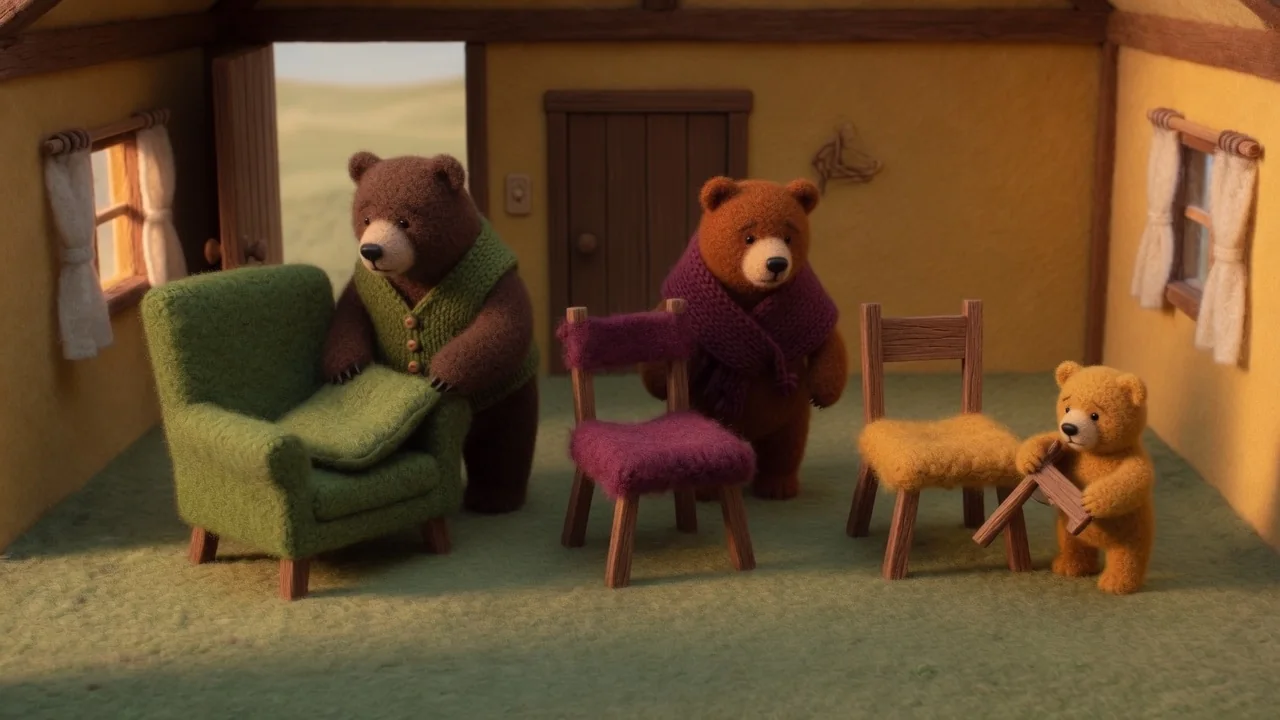 The bears inspect their chairs, with Baby Bear beside his broken chair.
