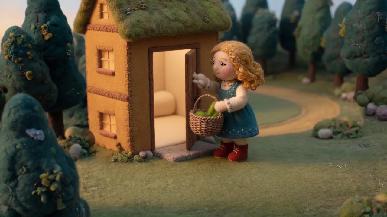 Goldilocks stands at the open cottage door.