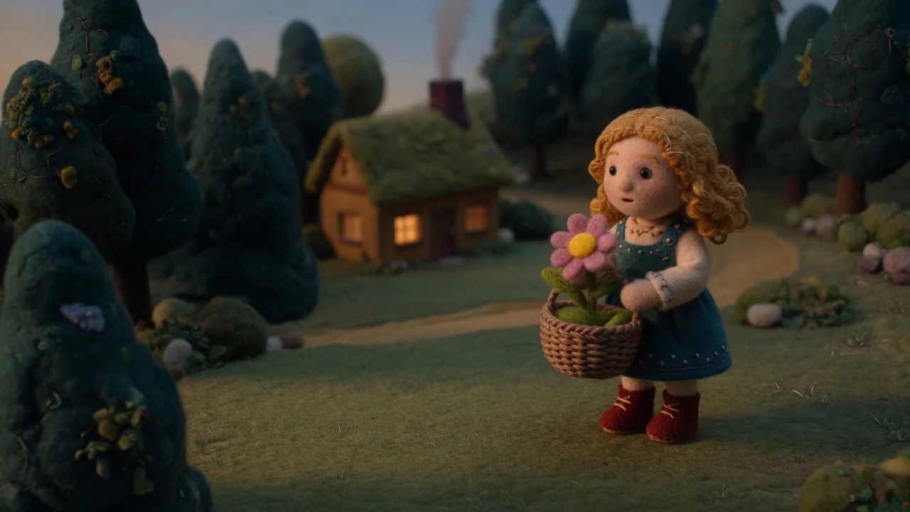 Goldilocks holds a basket of flowers on a woodland path near a cottage.