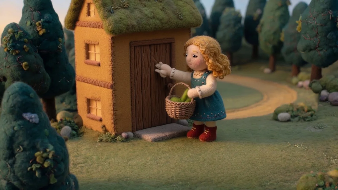 Goldilocks raises her hand to knock on the cottage door.