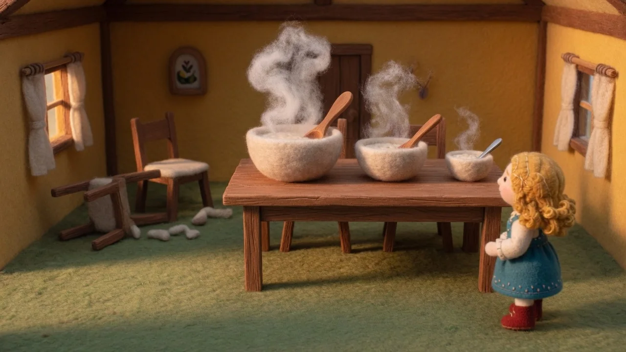 Goldilocks looks at three bowls of porridge and their spoons on the table.