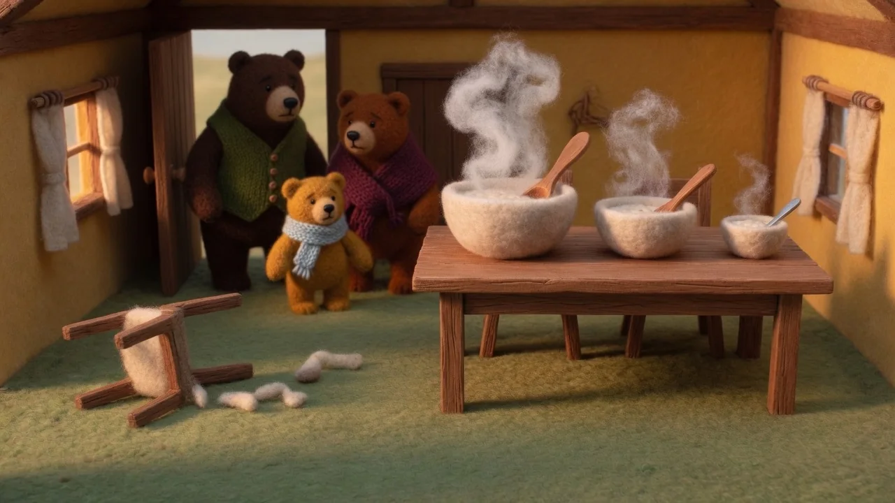 The three bears enter their cottage and find the porridge table and broken chair.