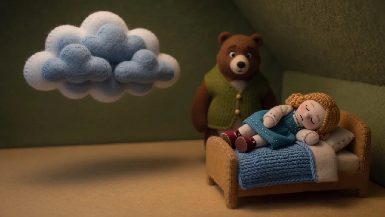 A felt thundercloud appears beside Father Bear as Goldilocks sleeps.