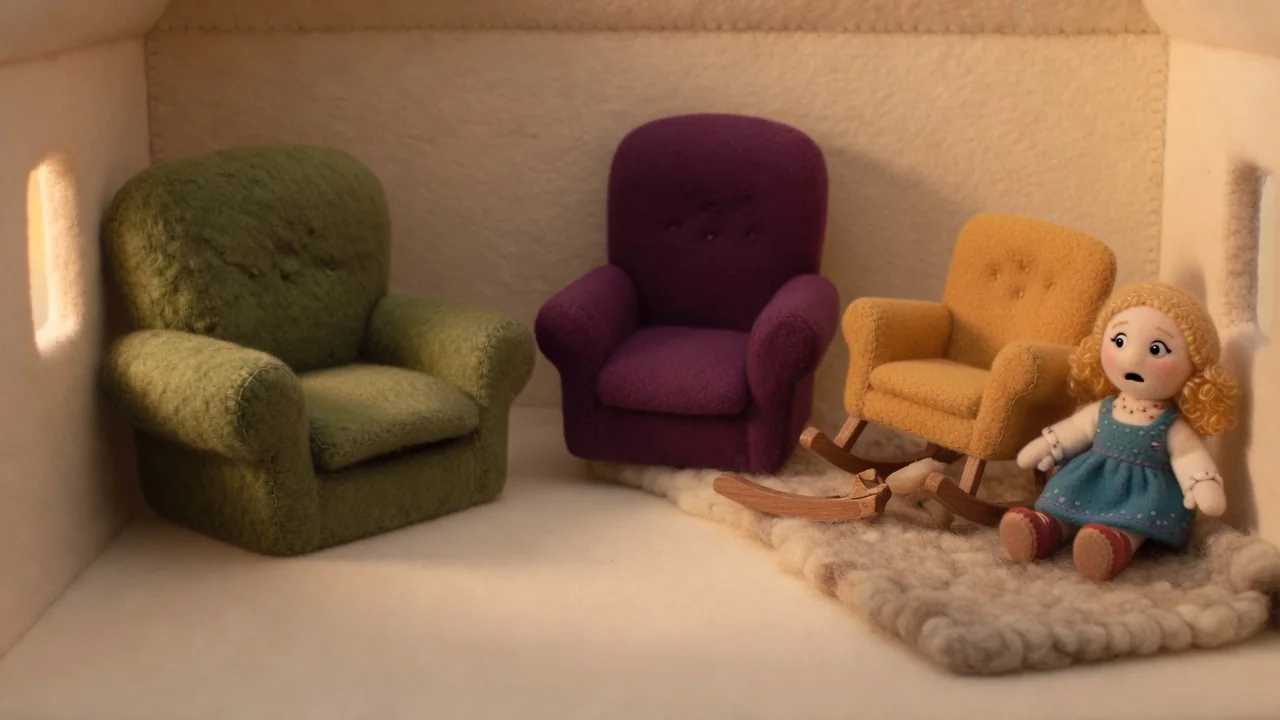 Goldilocks sits on the floor beside the broken little chair.