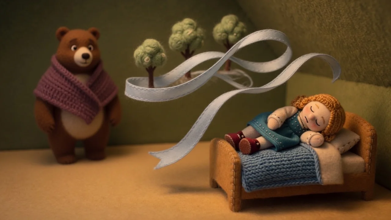 Swirling ribbons suggest wind beside Mother Bear and sleeping Goldilocks.