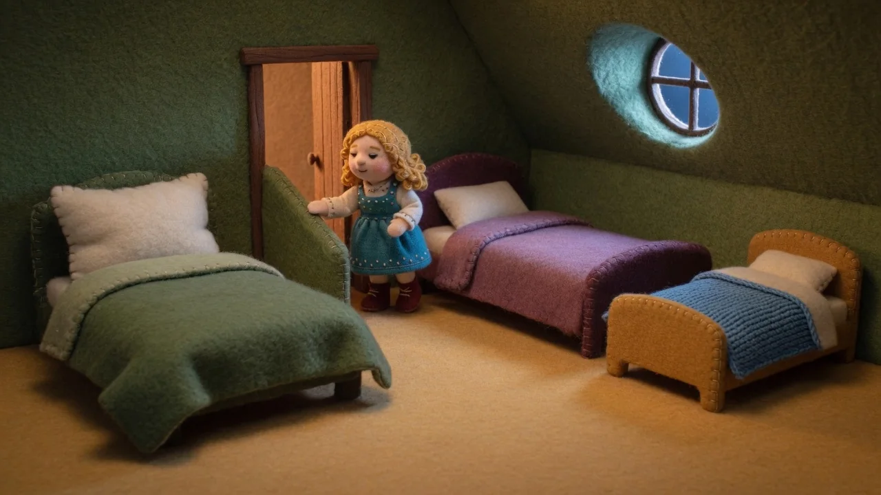 Goldilocks finds three different-sized beds upstairs.