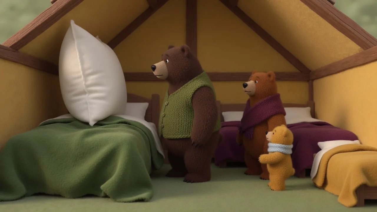 Father Bear looks at his disturbed bed while his family stands nearby.