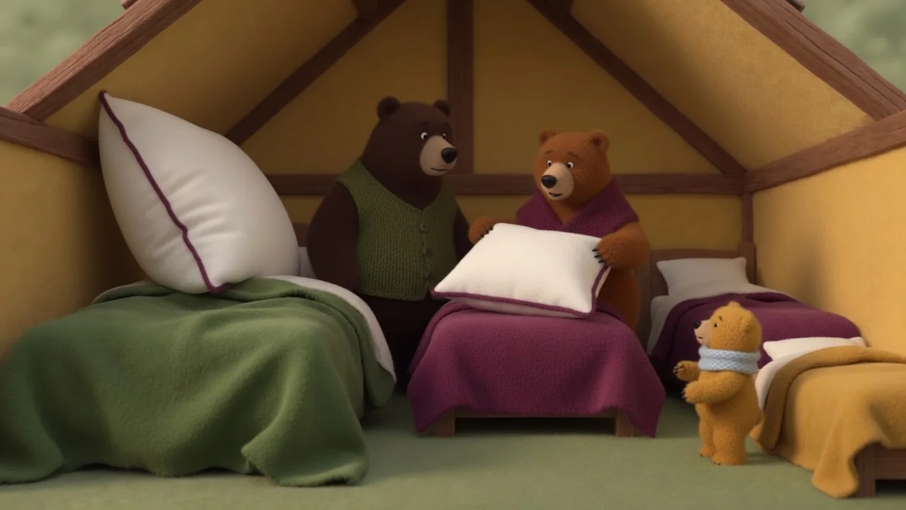 Mother Bear holds a pillow beside her purple bed.