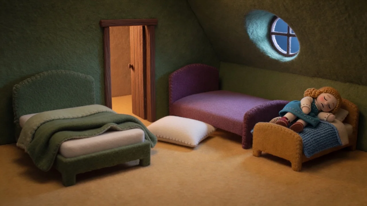 Goldilocks sleeps on the small blue-covered bed.