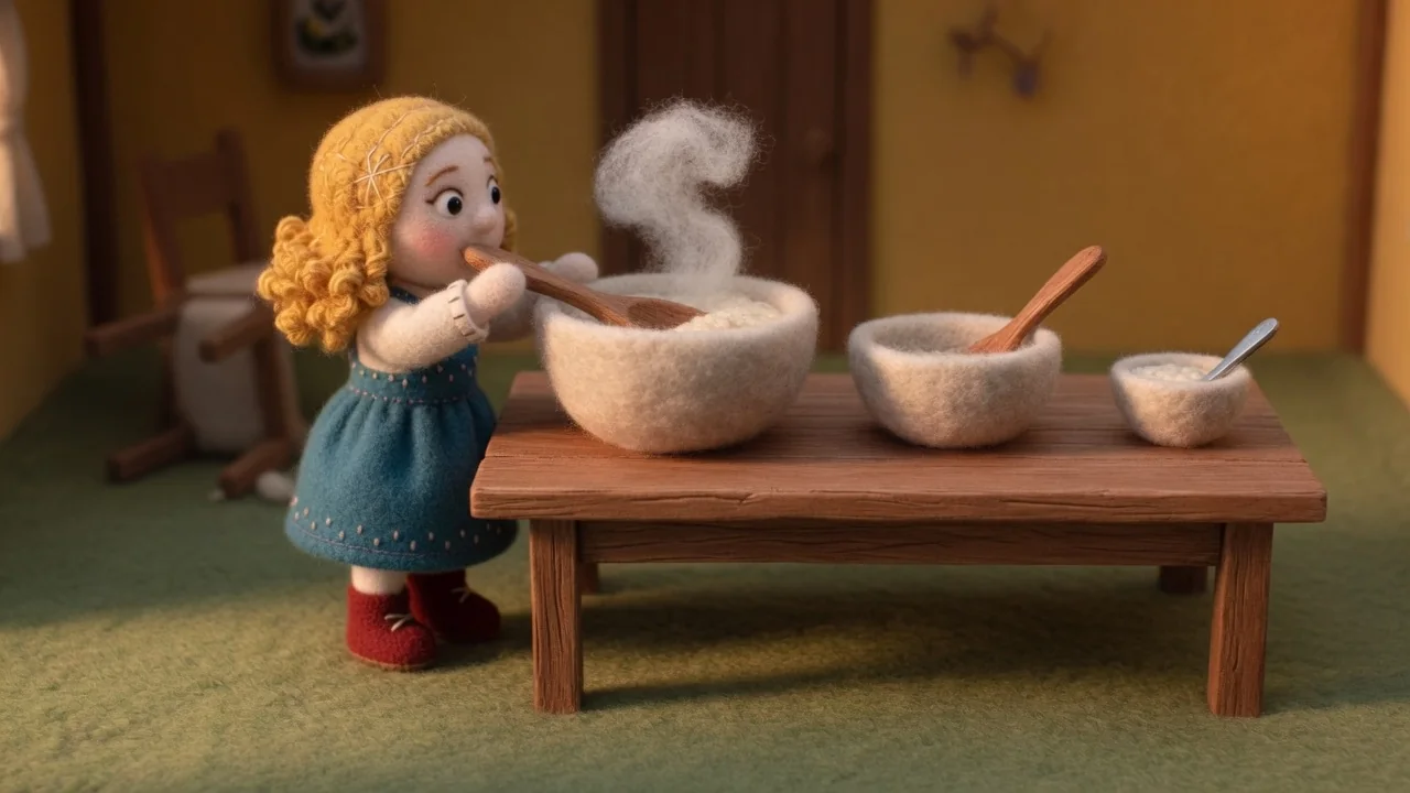 Goldilocks tastes porridge from the large steaming bowl.