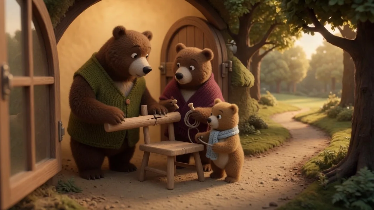 The bear family works together on the little chair outside their cottage.