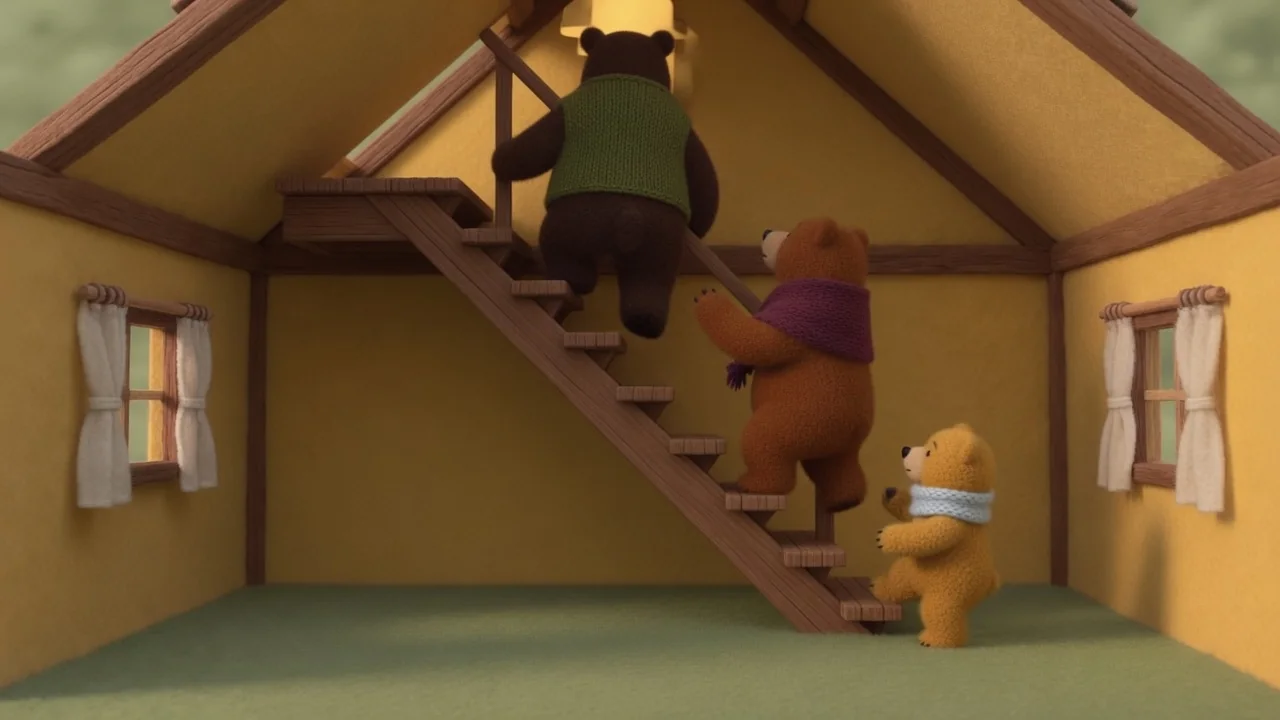 Father, Mother and Baby Bear climb the stairs.