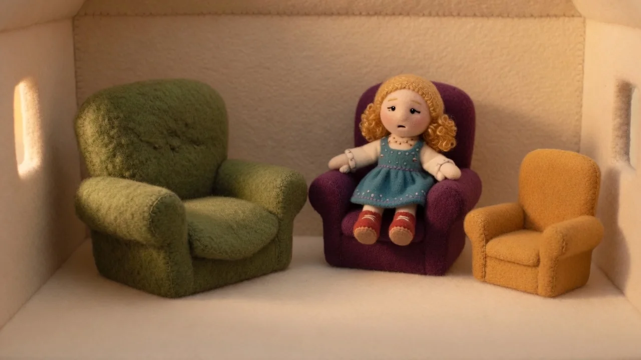 Goldilocks sits upright in the middle-sized purple chair.