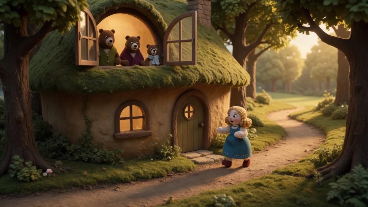 Goldilocks hurries away from the cottage while the bears look from the upstairs window.