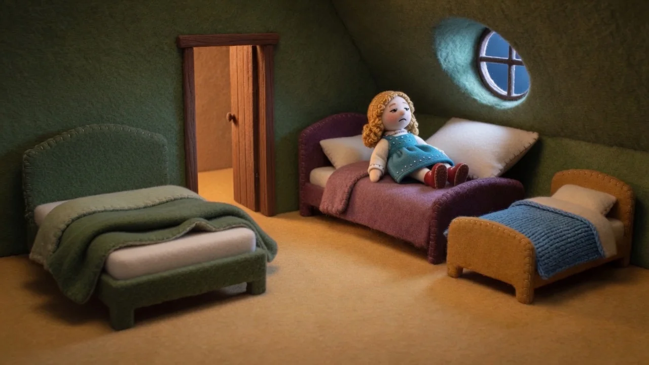 Goldilocks lies on the middle-sized purple bed.