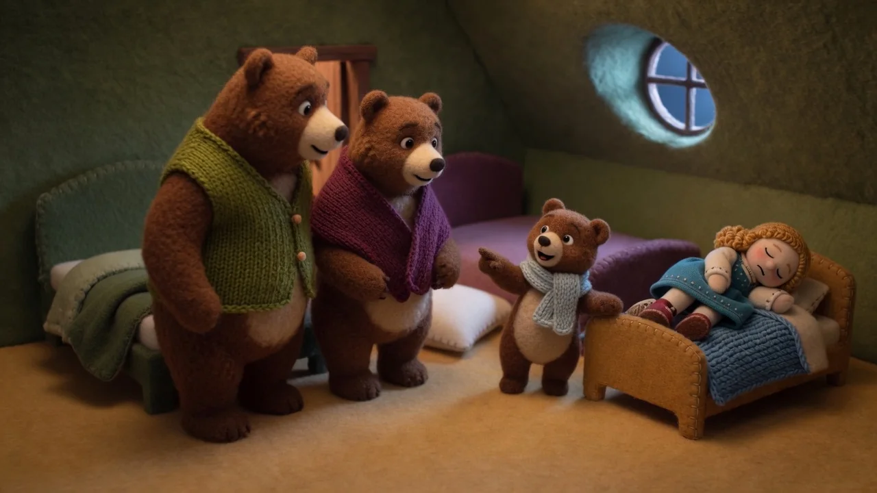 The three bears gather beside Goldilocks sleeping in Baby Bear’s bed.