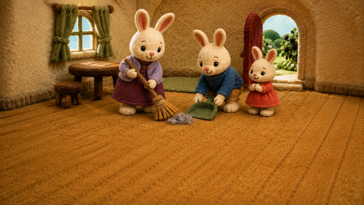 The family sweeps the house.