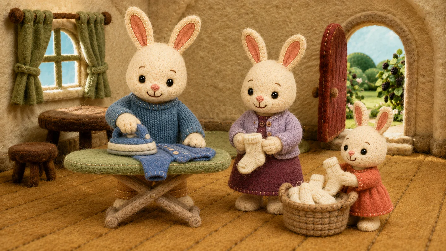 An adult irons clothes while Bunny helps nearby.