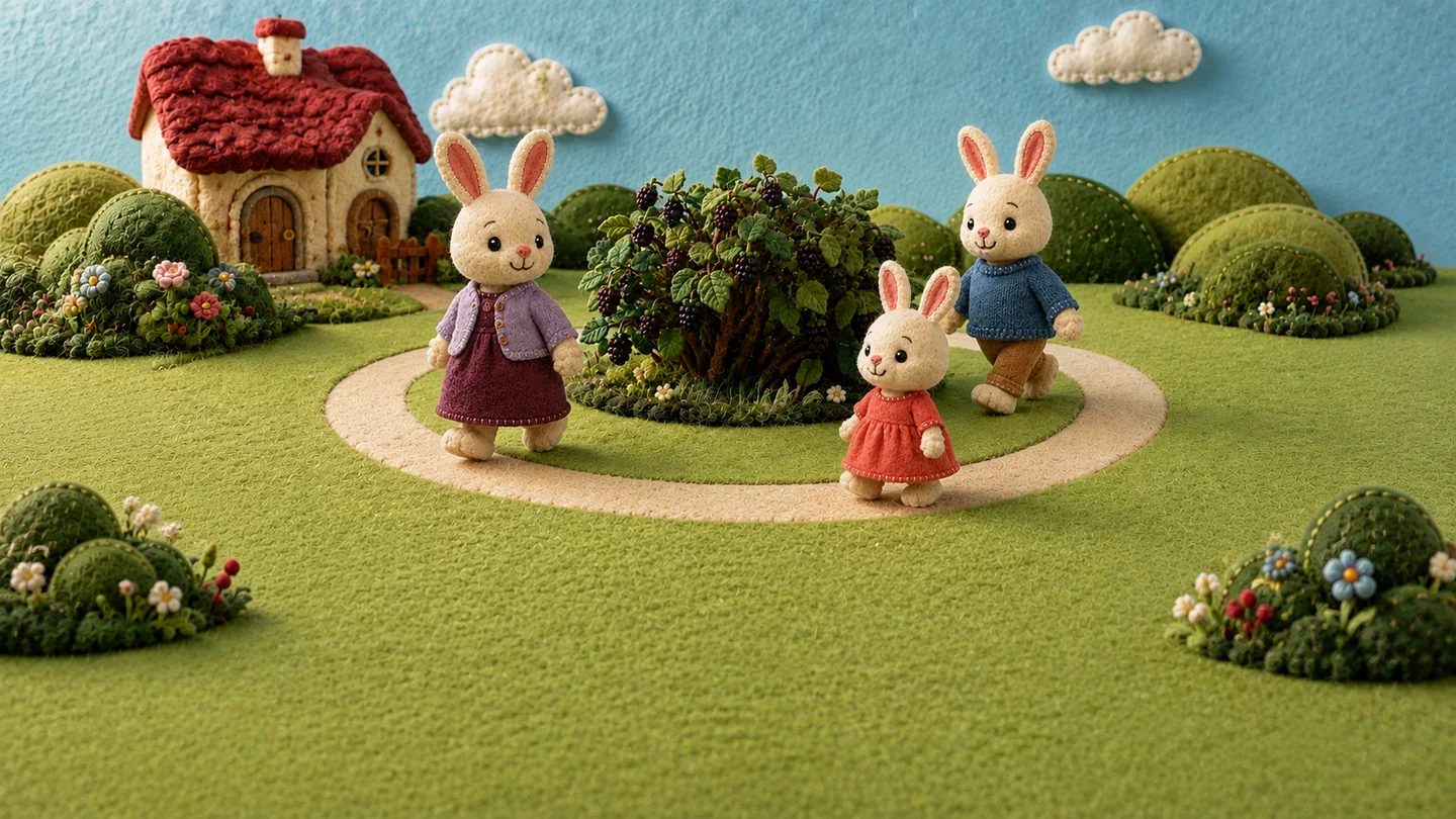The rabbit family walks around the mulberry bush.