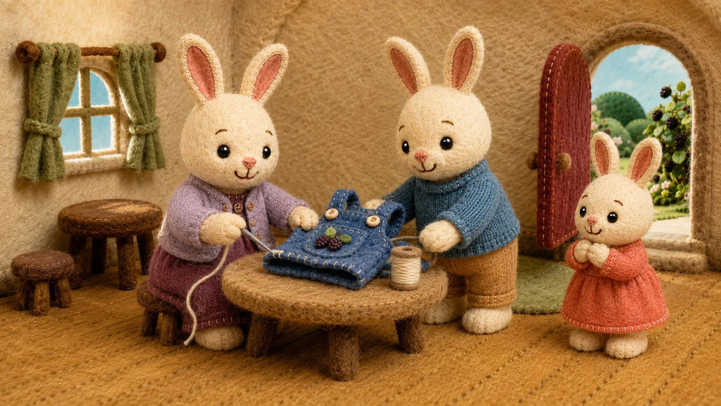 An adult mends clothes beside Bunny.