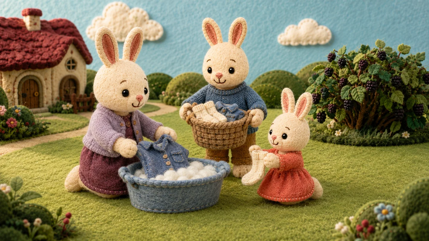 The family washes clothes together.